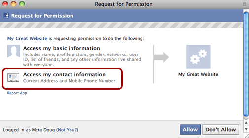 Facebook dovoljenja - Dostop do naslova